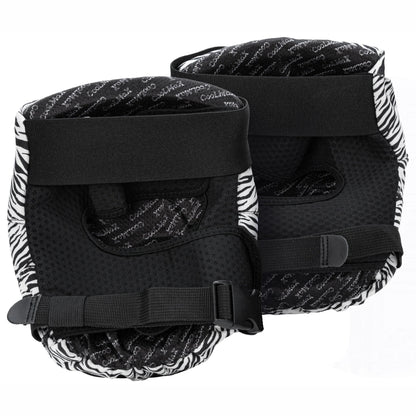 Back view of the ENNUI Aly Knee Pad Zebra pair, highlighting breathable padding and adjustable straps for a secure, comfortable fit. Essential knee safety gear for high-impact action sports and urban riding.
