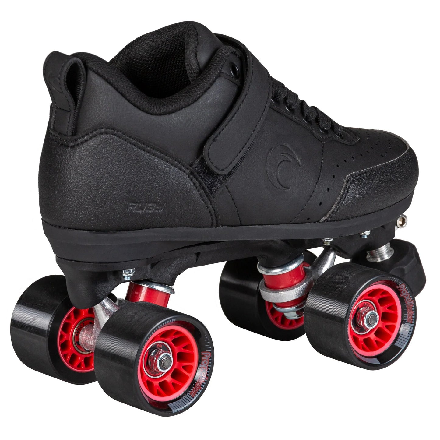 Angled rear view of a single Chaya Ruby roller derby skate on a white background