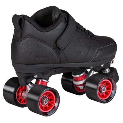 Angled rear view of a single Chaya Ruby roller derby skate on a white background