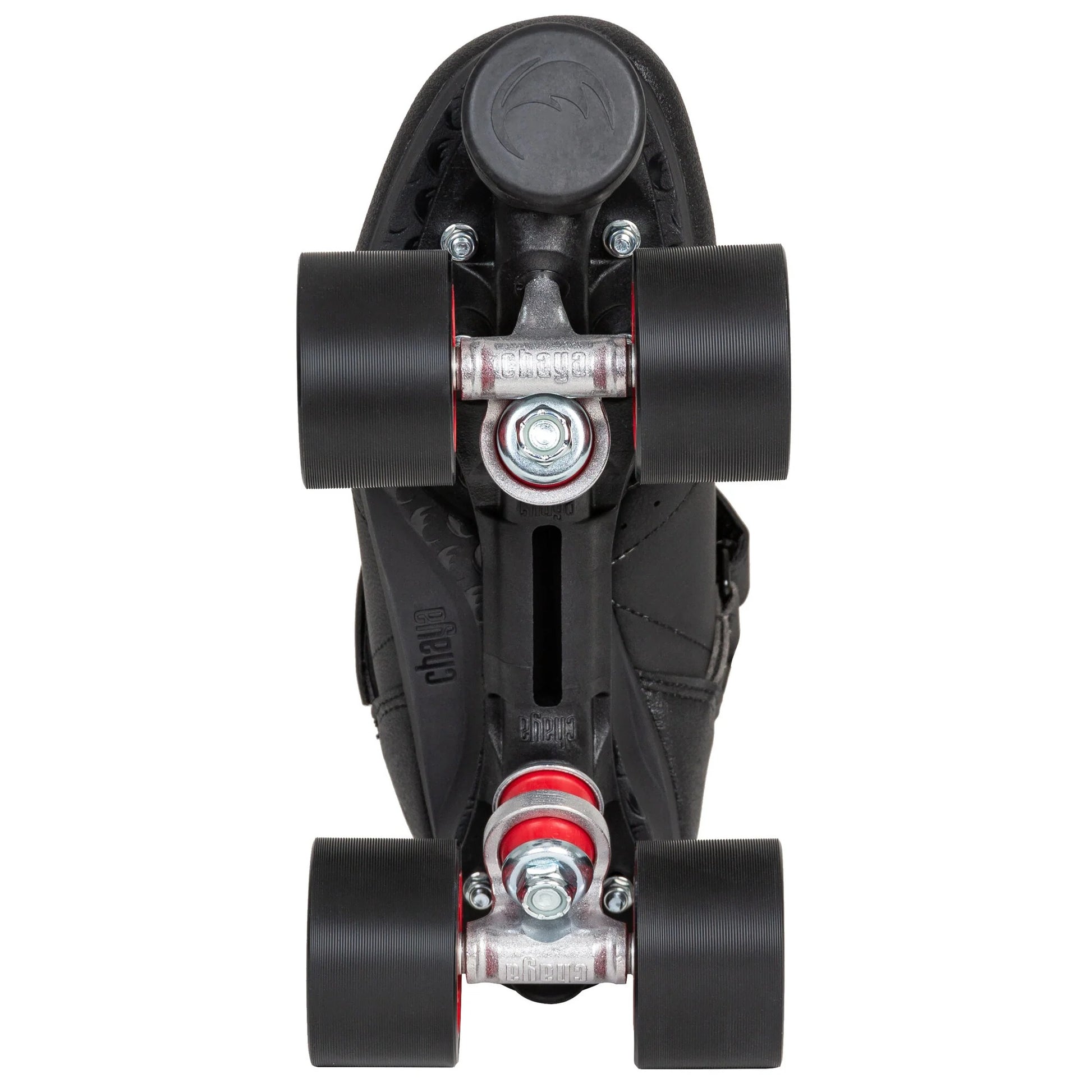 Bottom view of a single Chaya Ruby roller derby skate