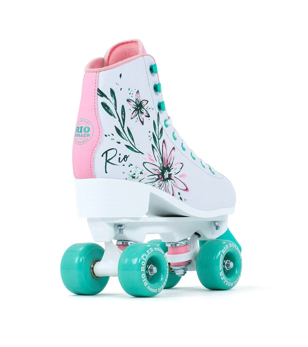 Angled rear view of the Rio Roller Artist quad skates, highlighting the vibrant boot design