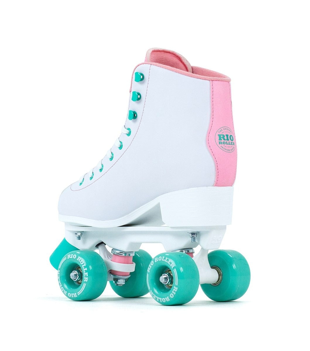 Back and side profile of the Rio Roller Artist roller skates, featuring their colorful aesthetic and solid construction