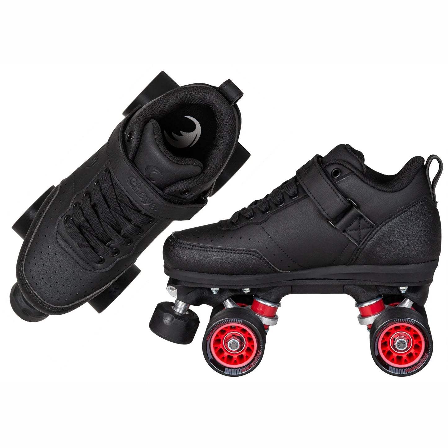 A pair of Chaya Ruby roller derby skates, displayed from different angles