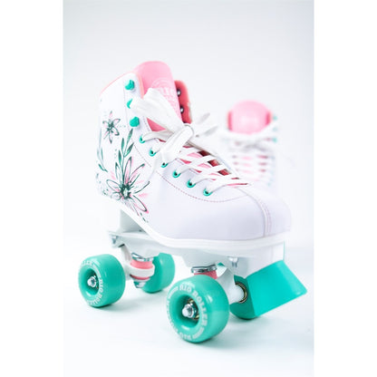 Artistic studio shot of the Rio Roller Artist skates on a clean white background, emphasizing their striking colors and unique pattern.